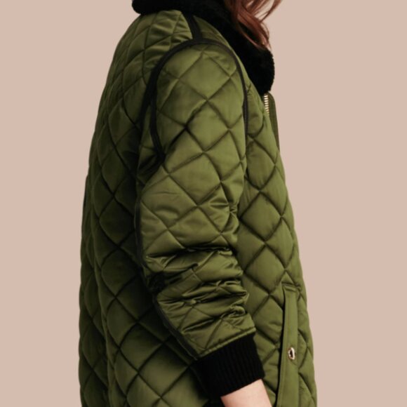 BURBERRY Olive Green Quilted Polyester Shearling Collar Tetbury Jacket Size L - Picture 6 of 6